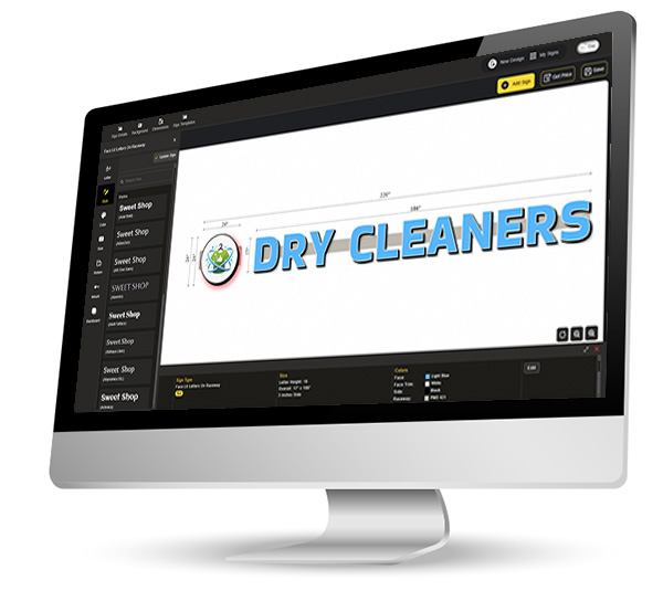 Computer screen displaying a design for a dry cleaners sign with blue text.