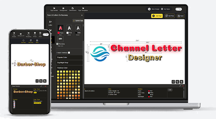 User interface of Channel Letter Designer software displayed on a laptop and mobile device.