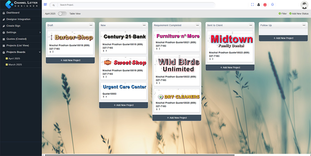 A project management dashboard displaying various project cards with titles and statuses.